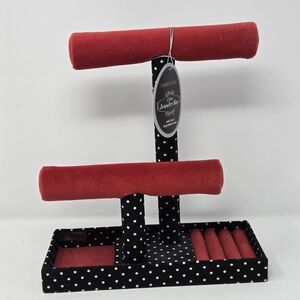 Jewlery Display 2 Tier Stand Velvet Red Black Polka W Tray Ring Holder Base 11"H